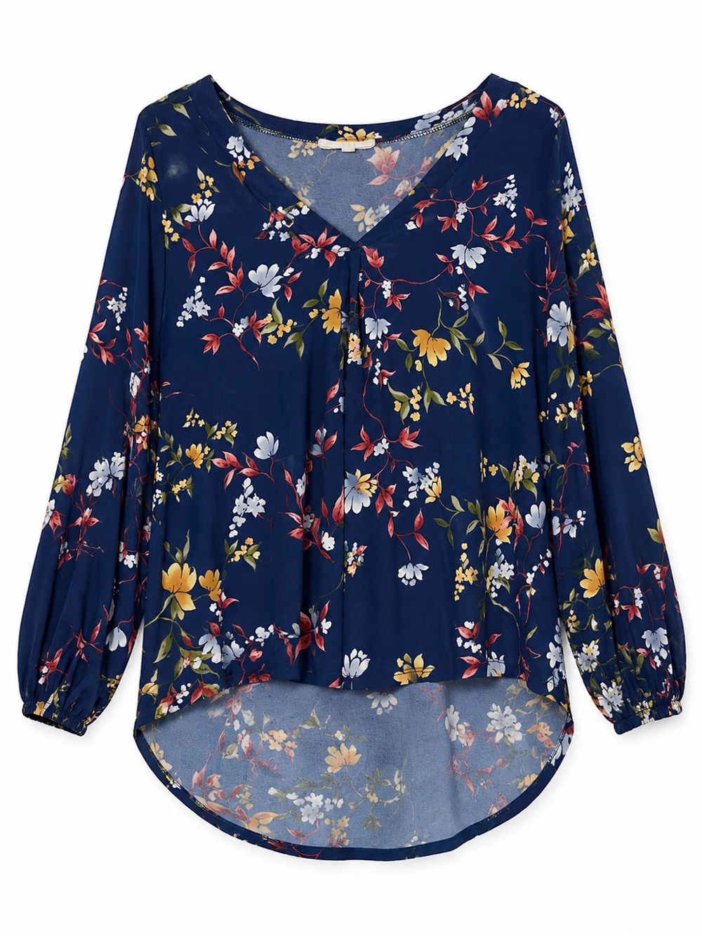 Floral V-Neck Long Sleeve Blouse - Navy